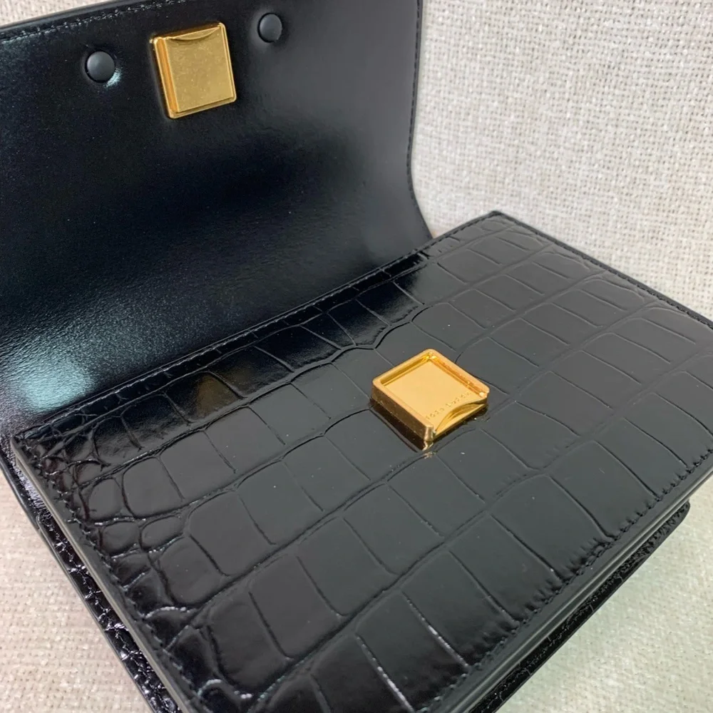 Tory Burch Black Croc-Embossed Mini Shoulder Bag with Gold Logo